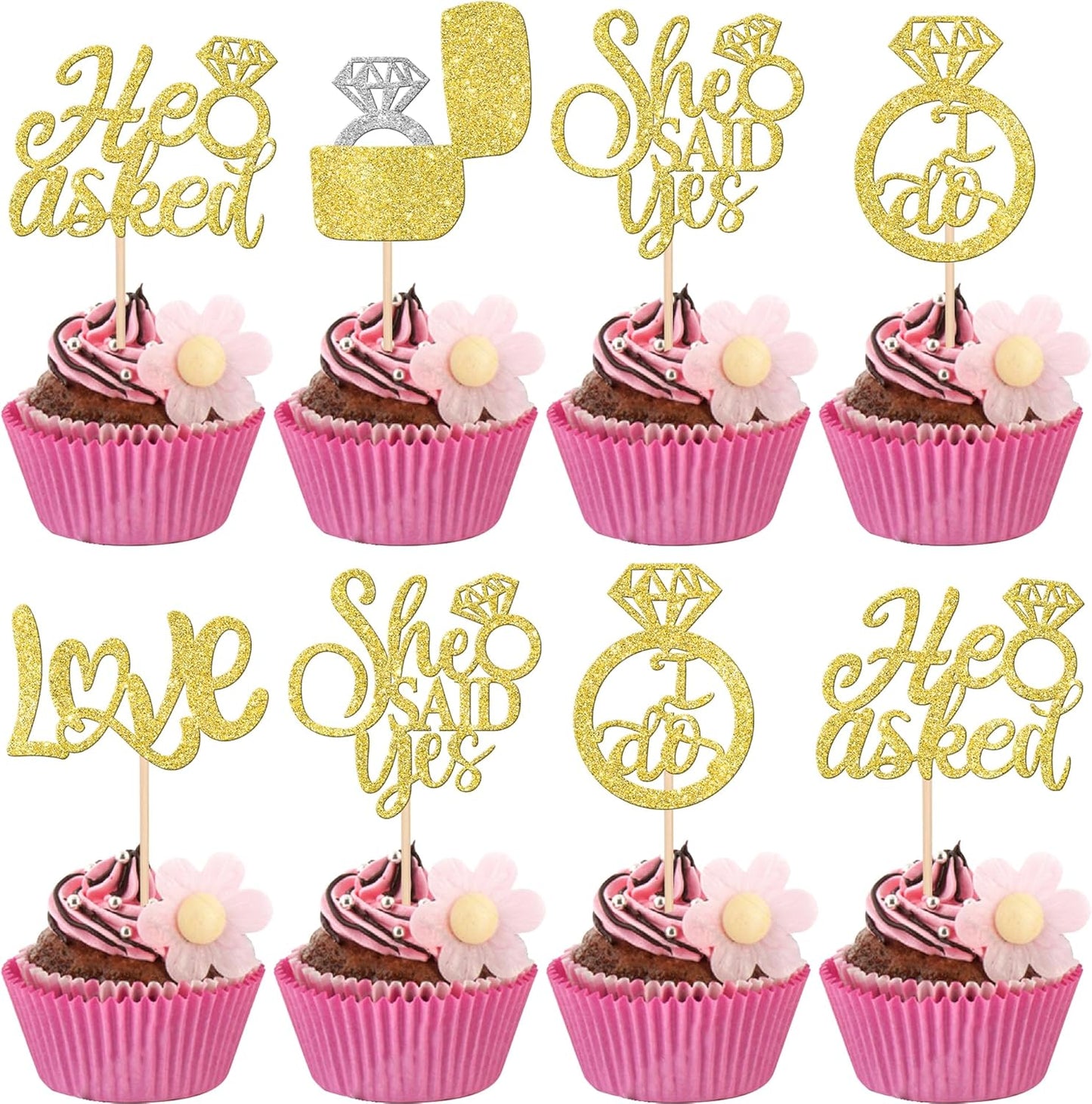 30 PCS He Asked She Said Yes Cupcake Toppers Love I Do Diamond Ring Cupcake Picks for Wedding Enaggement Bridal Shower Party Cake Decorations Supplies Gold