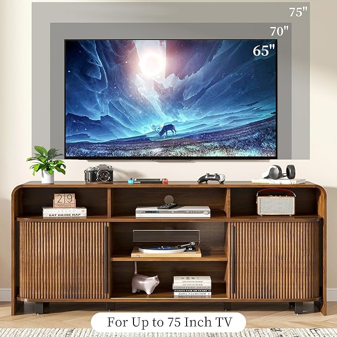 Walnut TV Stand for 65 70 75 Inch TV, Fluted Mid Century Modern TV Console - Image 4