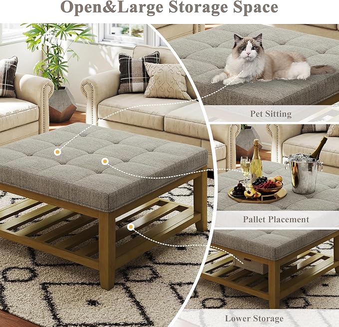 Befurtori Large Square Ottoman Coffee Table, Linen Solid Upholstered Footrest - Image 5