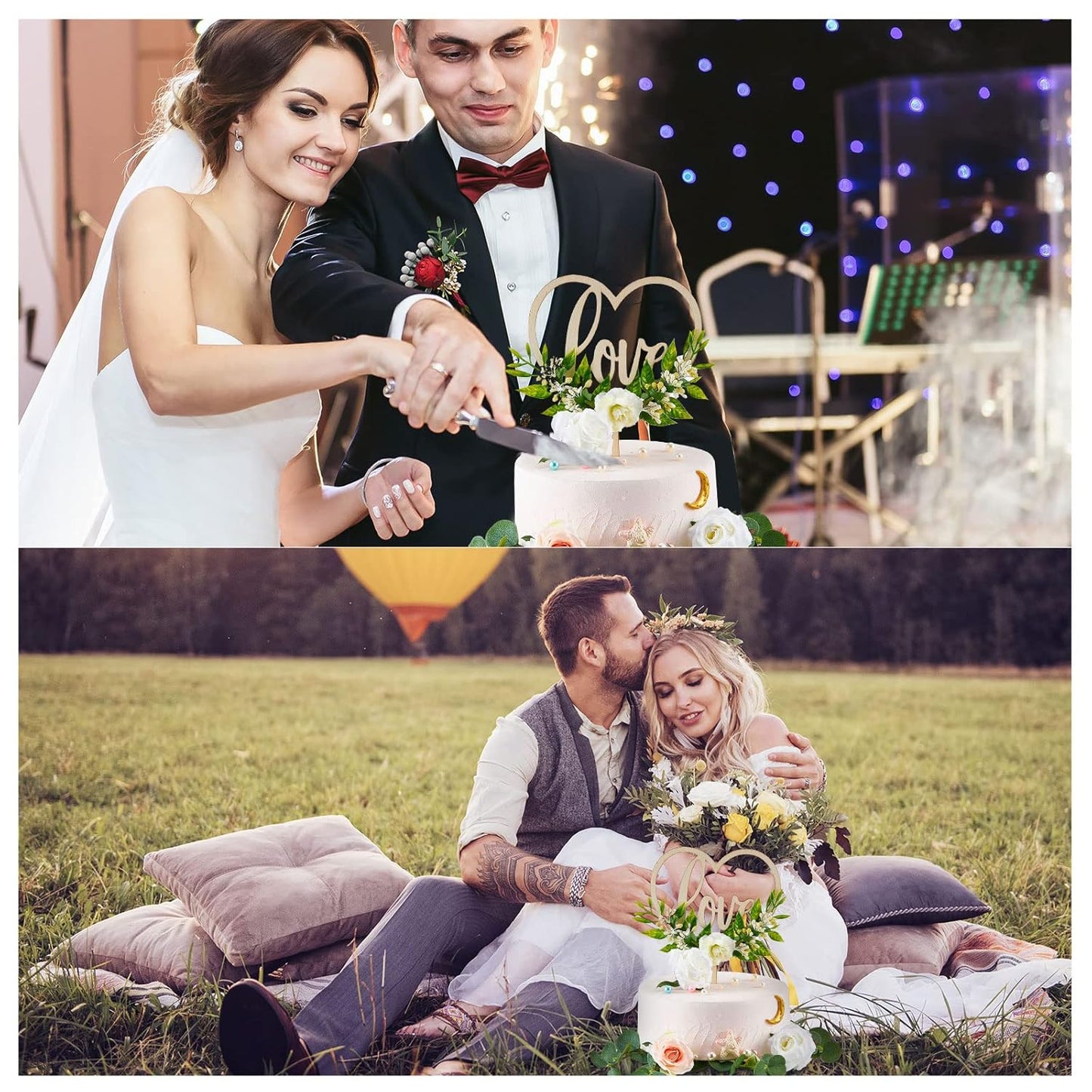 Juexica 6 Pcs Wedding Cake Topper Set Rustic Bridal Shower Heart Shaped Wedding Cake Topper Decorations Simulation Rose Flowers Leaves for Engagement Anniversary Party