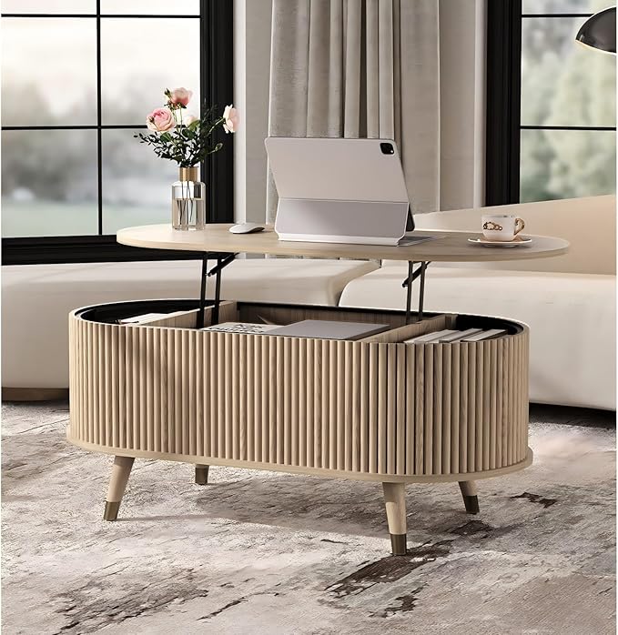 SULIVES Oval Coffee Table with Storage, Small Fluted Center Table - Image 7