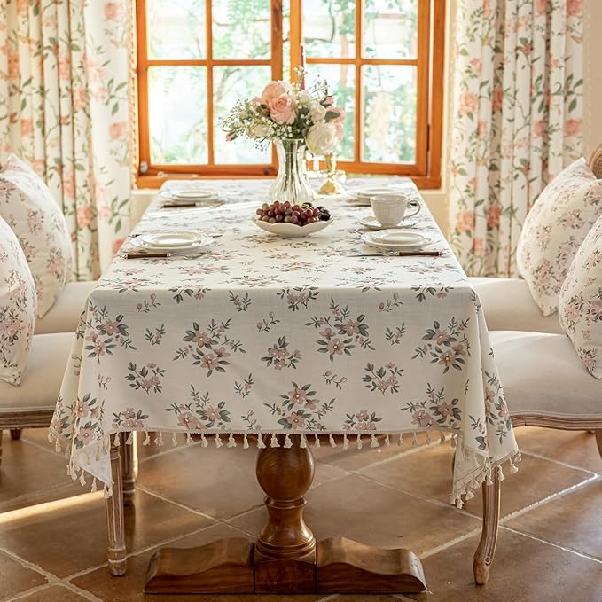 VClife Shabby Chic Pink White Floral Printed Tablecloth - Image 3