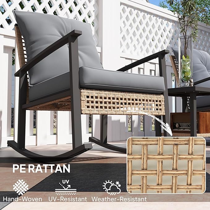 Outsunny 3 Pieces Rocking Wicker Outdoor Bistro Set, Rattan Patio Furniture Set - Image 6