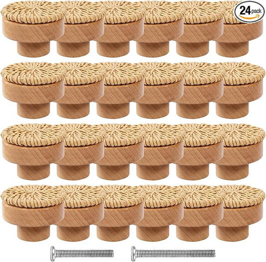 ANPHSIN 24 Pack Boho Rattan Cabinet Dresser Knobs- Durable Beech Wood Drawer by ANPHSIN