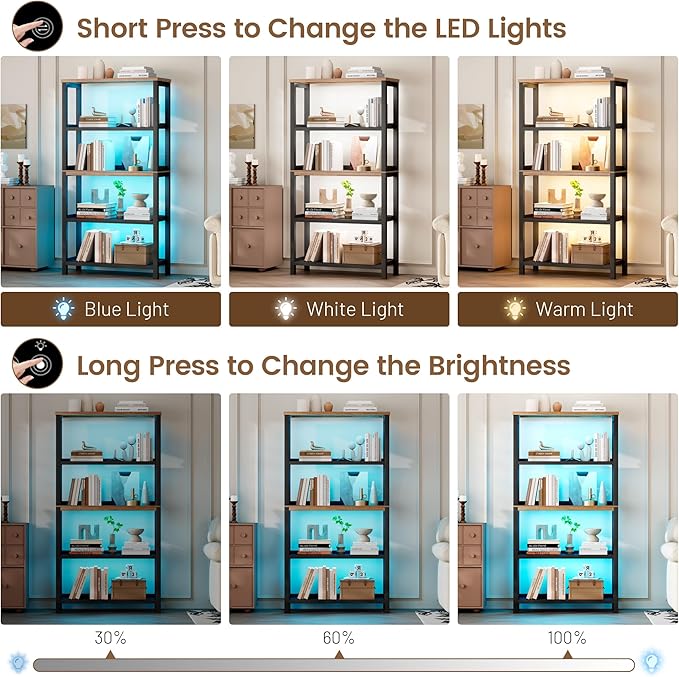 Vlsrka Wooden Bookshelf with Lights, 5 Tier Bookshelf with Storage, Tall - Image 4