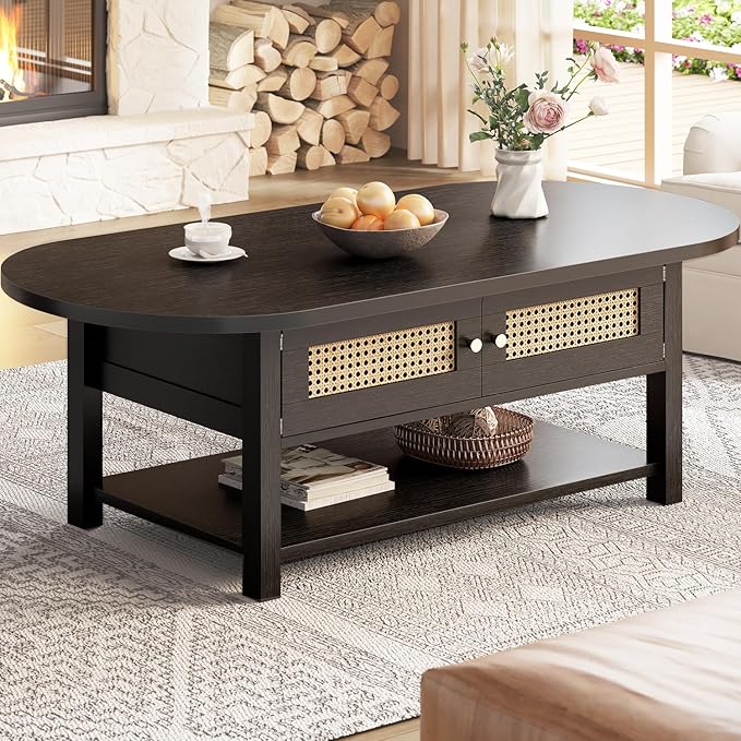 LVB Rattan Coffee Table, Boho Wood Living Room Table by LVB