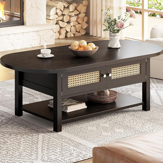LVB Rattan Coffee Table, Boho Wood Living Room Table by LVB