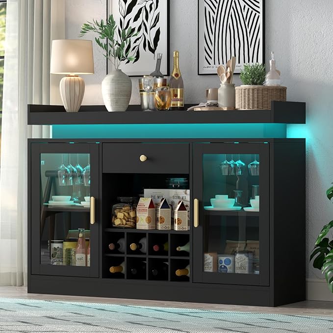 Wine Bar Cabinet with LED Light, Home Coffee Bar Cabinet with Wine and Glass by AuromieDirect