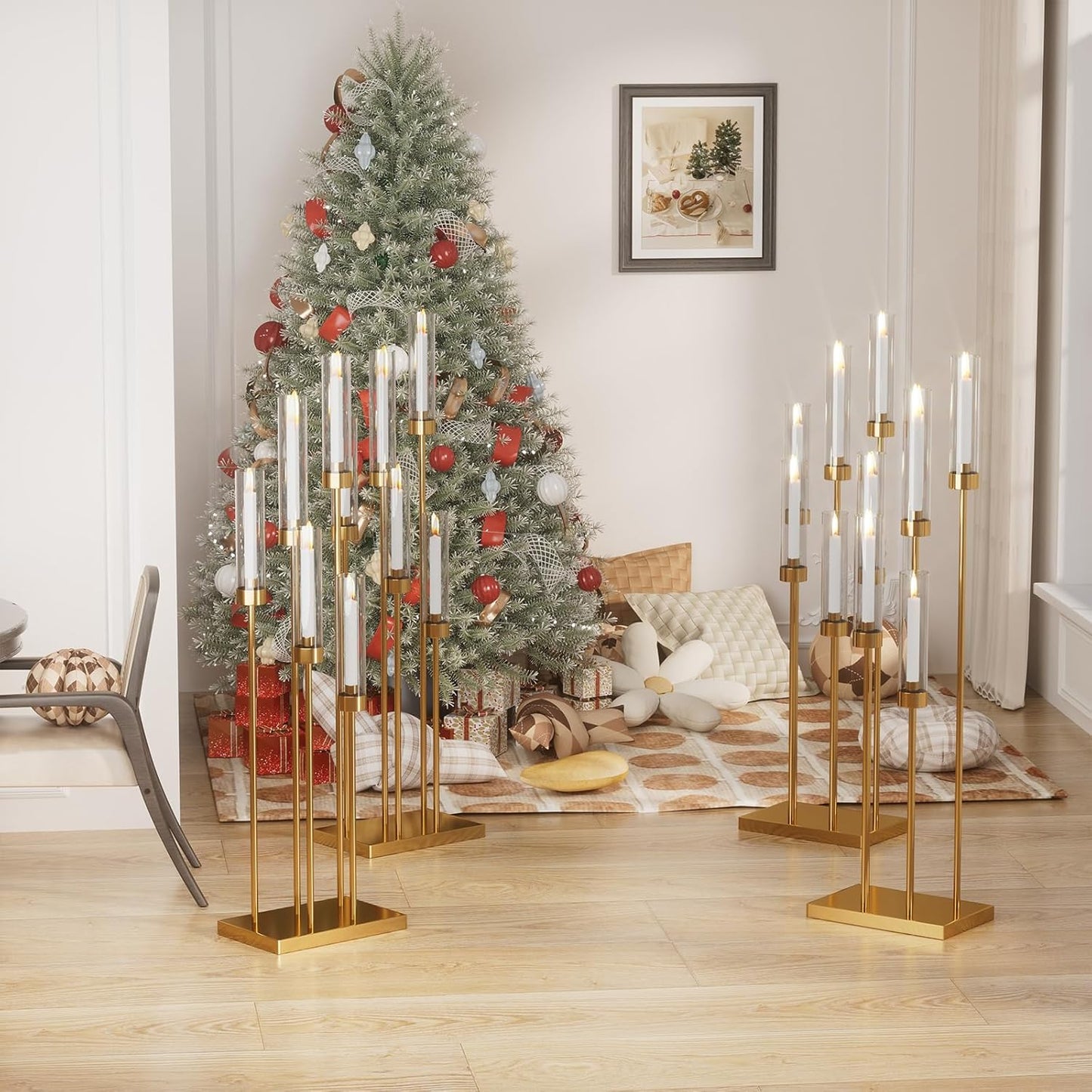 42.5'' Floor Candelabra 5 Arm Candelabra Centerpieces for Tables Gold Candle Sticks Holder 4 Set Tall Metal Candlestick with Acrylic Lampshades for Home Christmas Party (Square)
