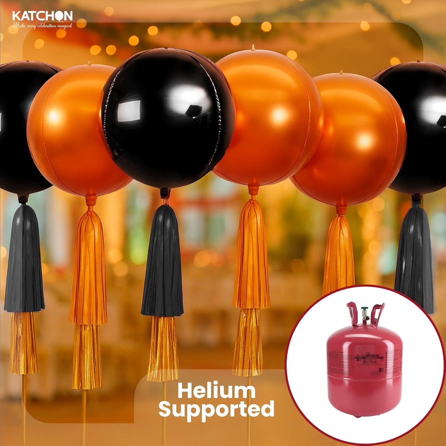 Katchon, Huge, Metallic Orange and Black 4D Foil Balloons -22 Inch-pack of 6 | Halloween Decorations Indoor with Halloween Balloons | Fall Decorations For Home, Thanksgiving decorations Indoor
