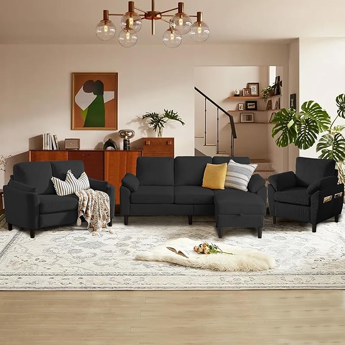 4 Piece Modern Corduroy Sofa Set, L-Shaped Sectional Couch by Firmacielu-CorduroyComfortableLivingRoomSofasforModernHome
