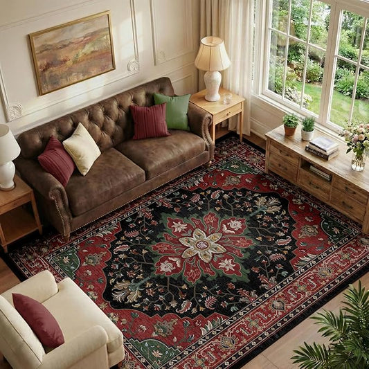 RELEANY Area Rugs 6'x9' Washable Non-Slip, Floral Vintage Distress Print by RELEANY