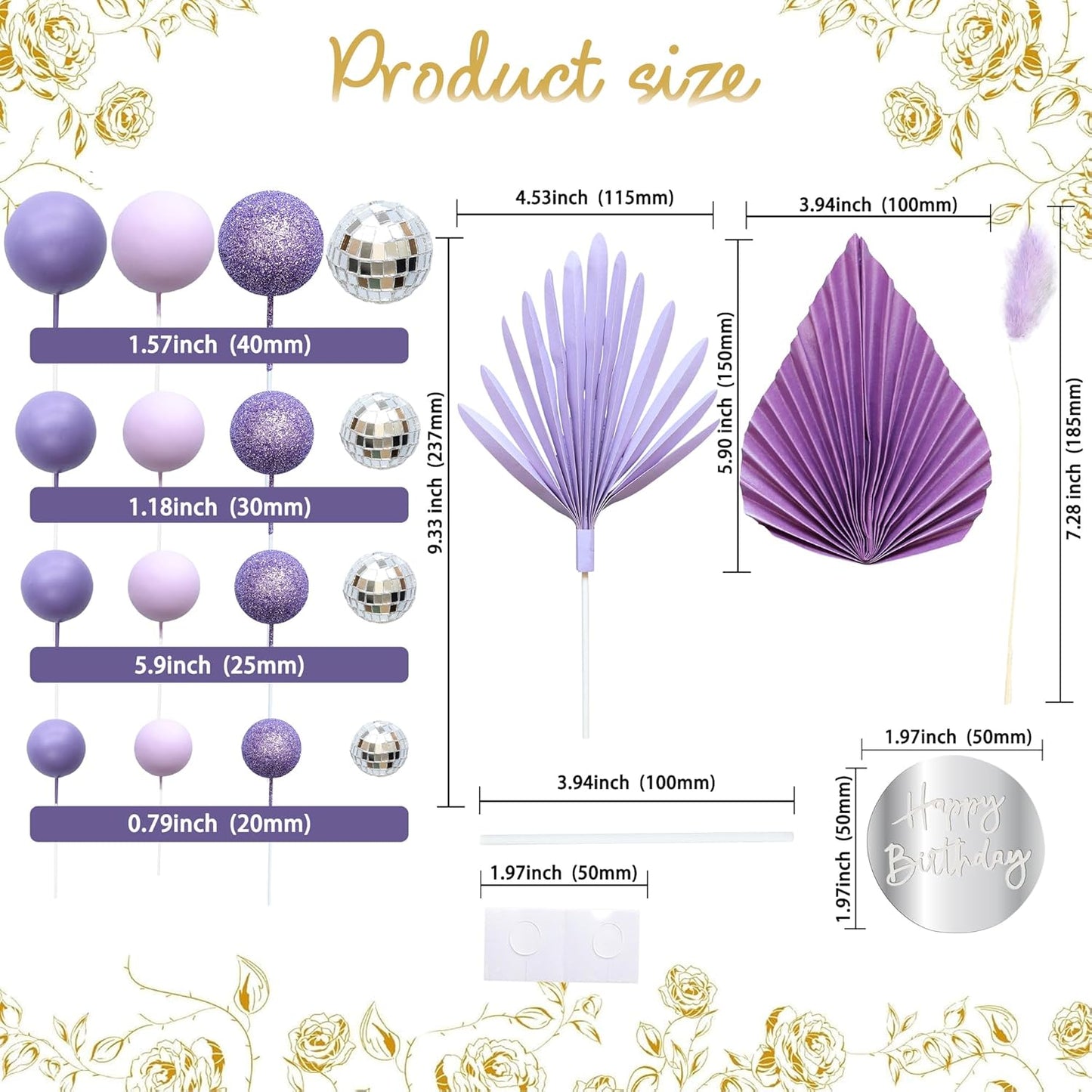 Ephlyn 33 Pack Balls Cake Toppers Boho Palm Leaves Cake Decorations Round Acrylic Happy Birthday Cupcake Toppers for Birthday Wedding Baby Shower Party Supplies Purple