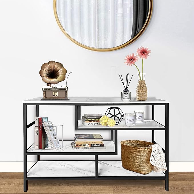 AT-VALY Console Table with Storage Shelves, Sofa Table Entryway Table with Faux - Image 2