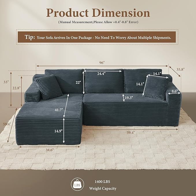 96" Sectional Couches for Living Room Cloud Couch Sofa - Image 2
