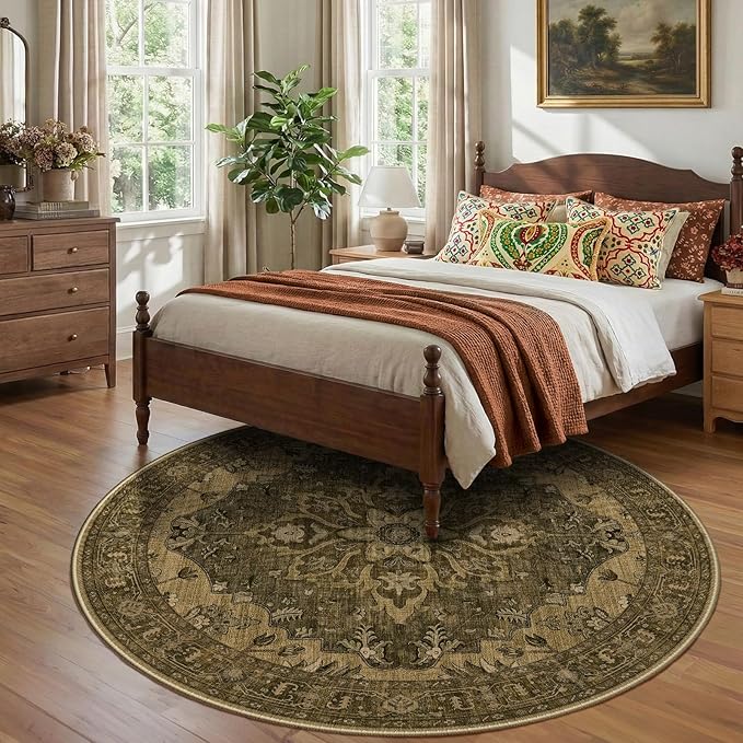 RELEANY Area Rugs Round 8ft Washable Non-Slip, Floral Vintage Distress Print - Image 3