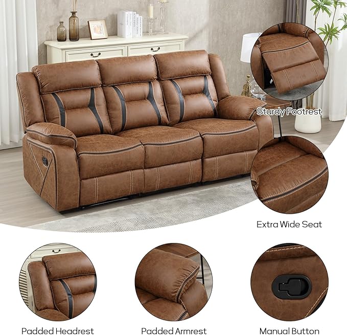 EBELLO Faux Leather Manual Reclining Sofa, 3 Seat Recliner Sofa Chair, Couch - Image 3