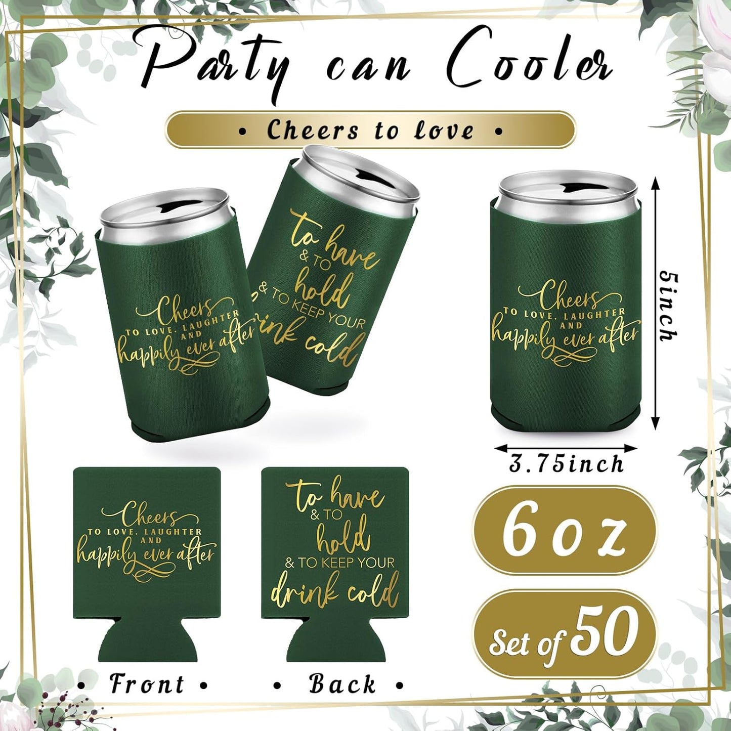 50 Pieces Wedding Can Cooler Bulk Engagement Party Favors for Guests Cheers to Love Laughter and Happily Ever After Rehearsal Dinner Decorations for Wedding Bridal(Army Green,Cute)