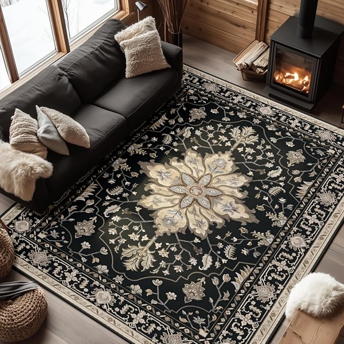 RELEANY Area Rugs 7'x9' Washable Non-Slip, Floral Vintage Distress Print by RELEANY