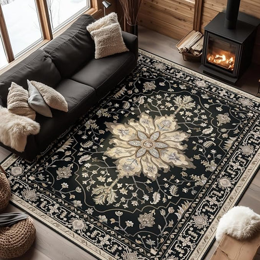 RELEANY Area Rugs 7'x9' Washable Non-Slip, Floral Vintage Distress Print by RELEANY