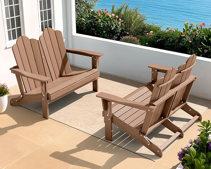 SERWALL Folding Adirondack Bench, HDPE All-Weather Adirondack Loveseat Set of 2 by SERWALL