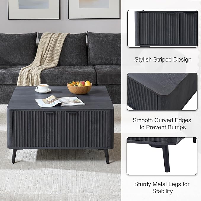 4-Piece Fluted Living Room Furniture Set, Lift Top Coffee Table, Buffet Cabinet - Image 6