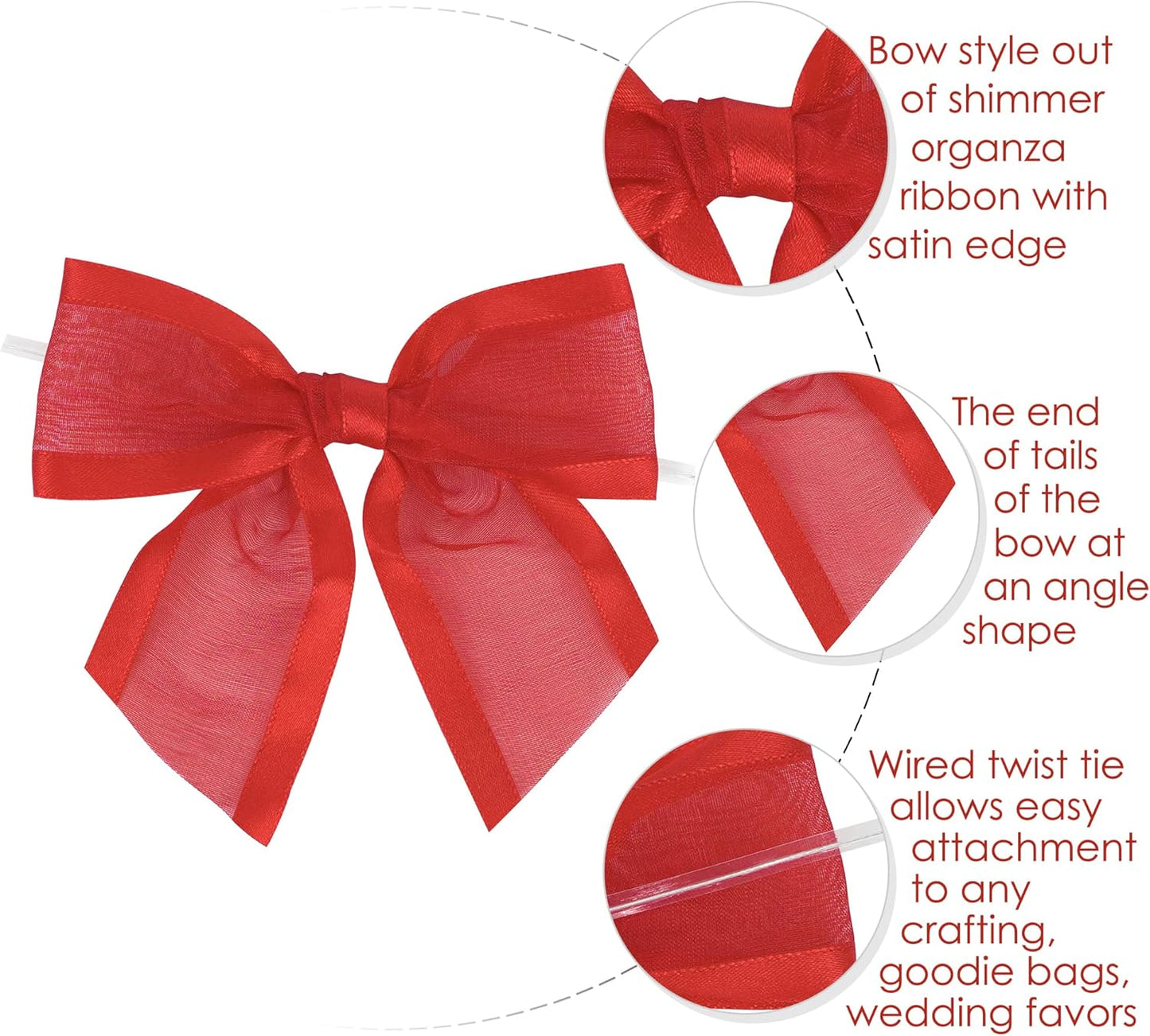AIMUDI Red Bows for Crafts 4" Organza Bows Premade Twist Ties Bows for Gift Wrapping Crafts Treat Bags Baskets Cake Pop Baby Shower Birthday Wedding Christmas Decor - 12 Counts