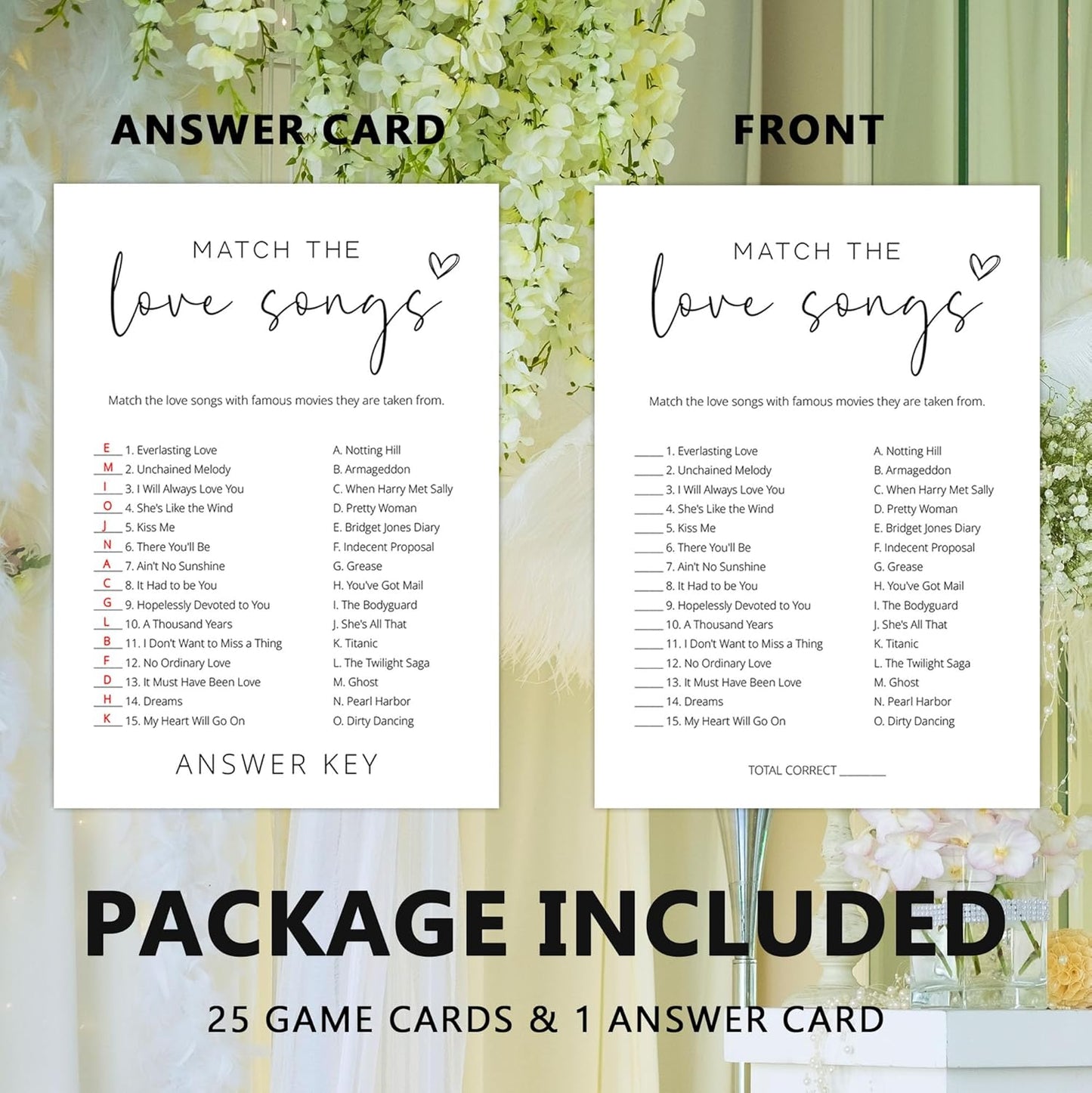 Bridal Shower Games, Match the Love Songs, 25Pcs Minimalist White Double-Sided Bridal Game Cards with 1 Answer Key, Wedding Shower Games for Guests, Engagement Bachelorette Party Supplies - A02