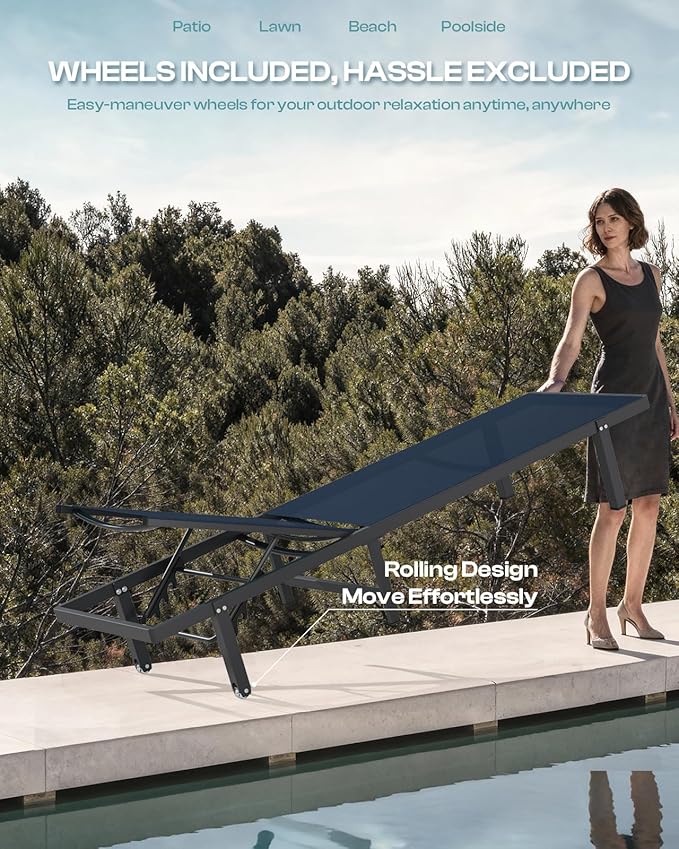 Lounge Chair Outdoor with Wheels, Aluminum Patio Chaise Lounge Chair with 5 - Image 5