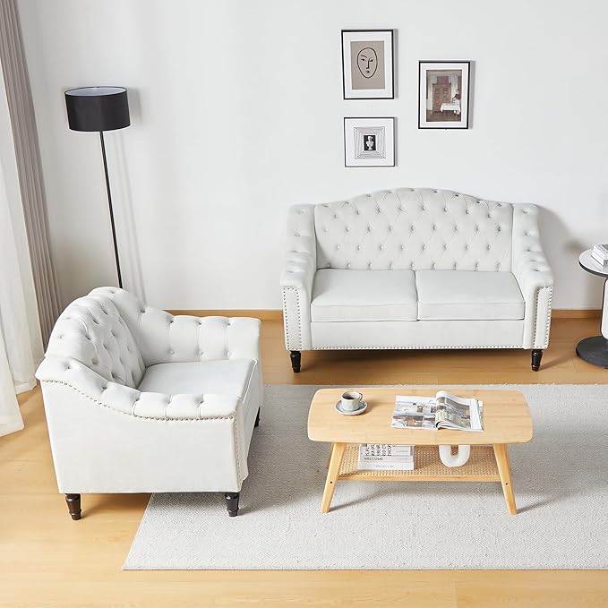 LEVNARY Chesterfield Loveseat Velvet, Upholstered Sofa - Image 7