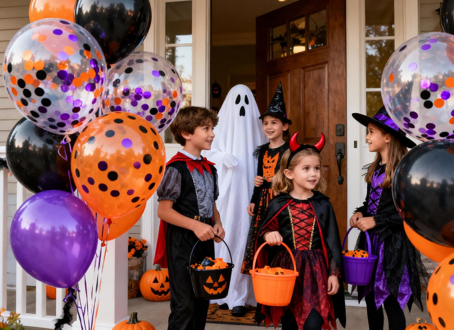 50pcs Purple Orange and Black Foil Confetti Balloons,12 inch Latex Balloon with Purple Orange Black Confetti Inside for Halloween Party Decorations