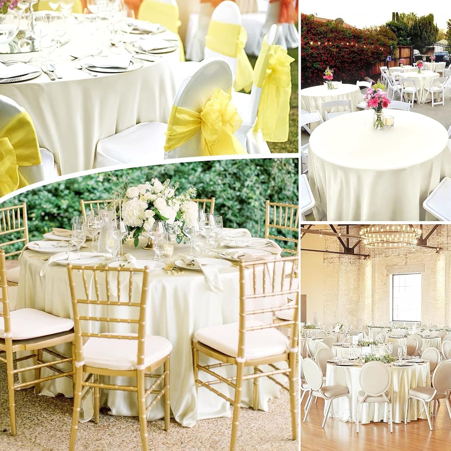 fani 12 Pack 120 Inch Ivory Satin Tablecloth - Premium Bright Silky Round Tablecloth Overlay Smooth Fabric Table Cover, Table Decoration for Wedding Party Banquet Events Restaurant Kitchen Dining
