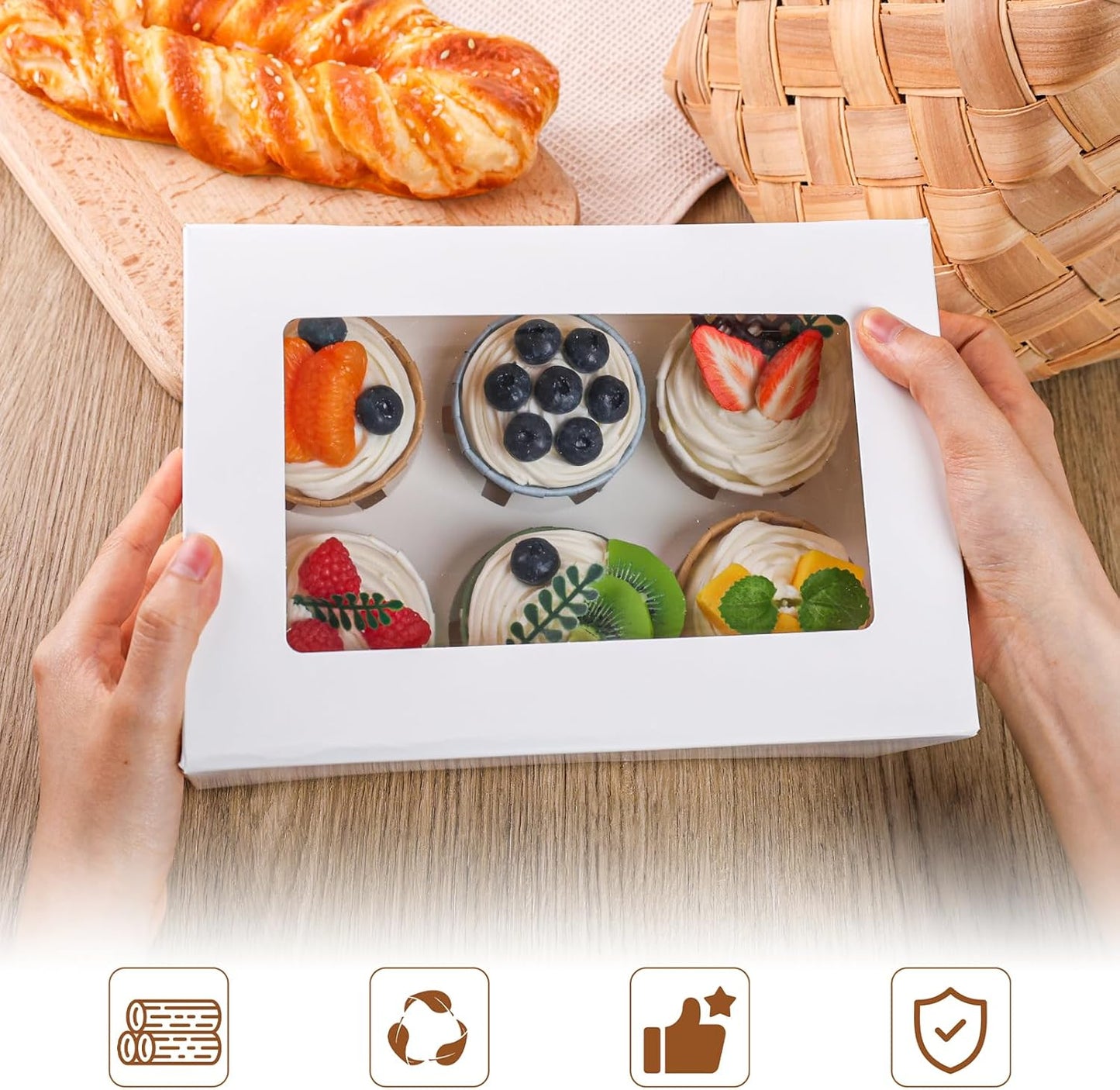 HANSGO 6 Count Cupcake Boxes,6PCS Cupcake Containers with Window White Pastry Boxes for Muffins Pastry Strawberry, Party Supplies 9.5x6.3x3.5 Inch