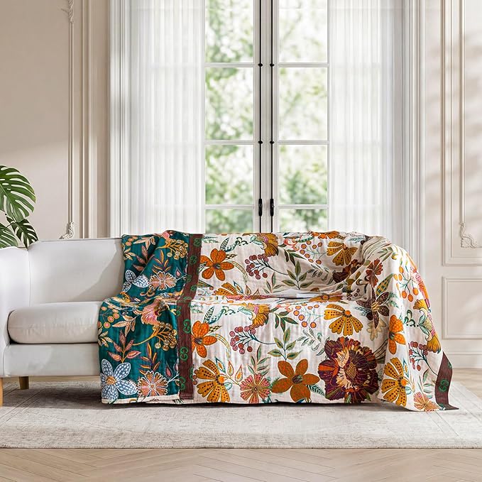 LUTBM Boho Throw Blanket for Bed 100% Cotton Soft Breathable Quilt Floral - Image 5