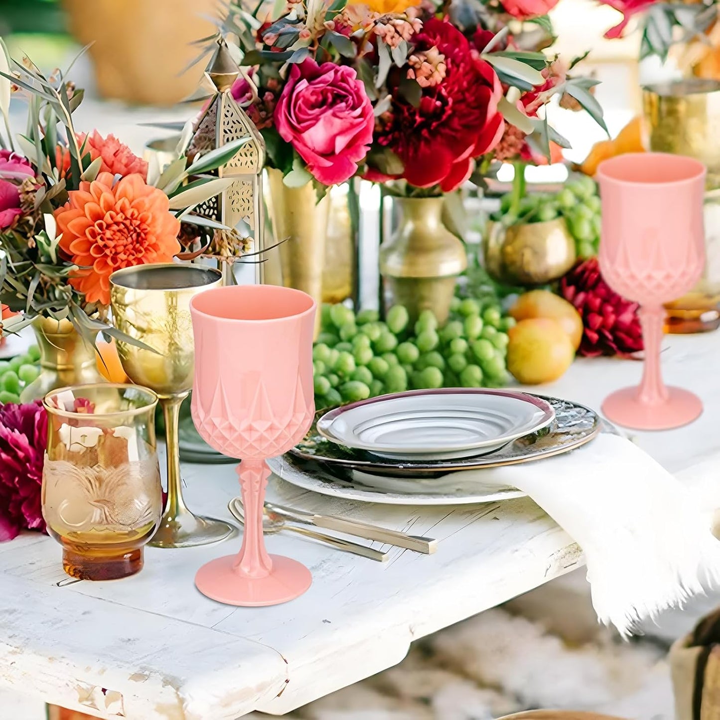 Plastic Vintage Wine Glasses 7OZ Plastic Goblets Vintage Drinking Glasses 48PCS Retro Wedding Glassware Water Goblets Reusable Drinking Cups for Party,Reception,Celebration,Bar,Whiskey(Light Pink)