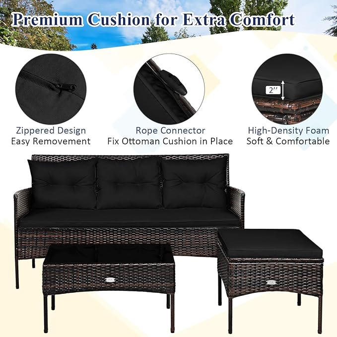 Tangkula 3 Pieces Patio Conversation Set, All Weather Outdoor PE Rattan Wicker - Image 4
