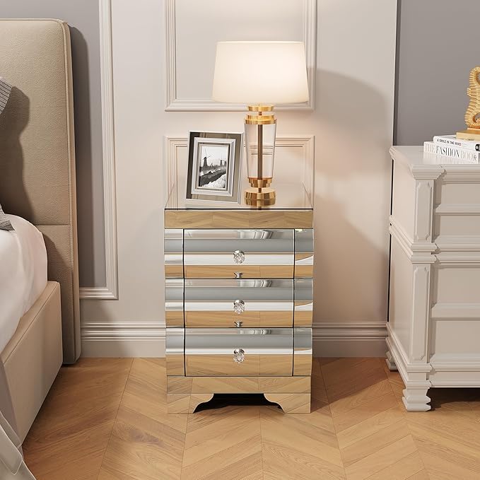 Curved Mirror Nightstand with 3 Drawer Glass Bedside Table - Image 3