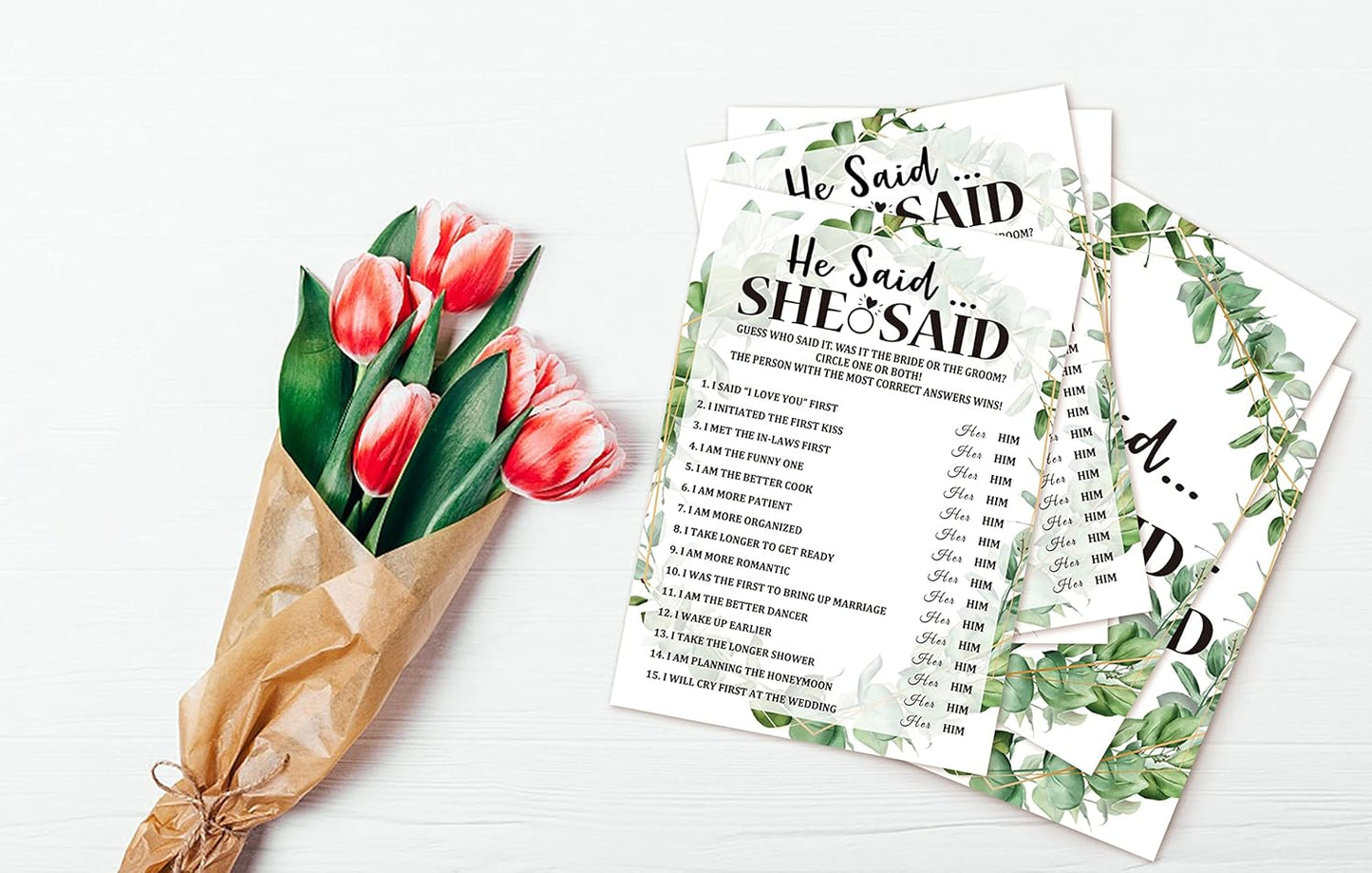 Bridal Shower Game Cards, He Said She Said Game, Tropical Jungle Theme Engagement Party Cards For Wedding, Set of 30 (Leaf002)