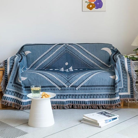 VClife Boho Sofa Couch Cover White Blue Plaid Stripe Couch Cover by VCLIFE