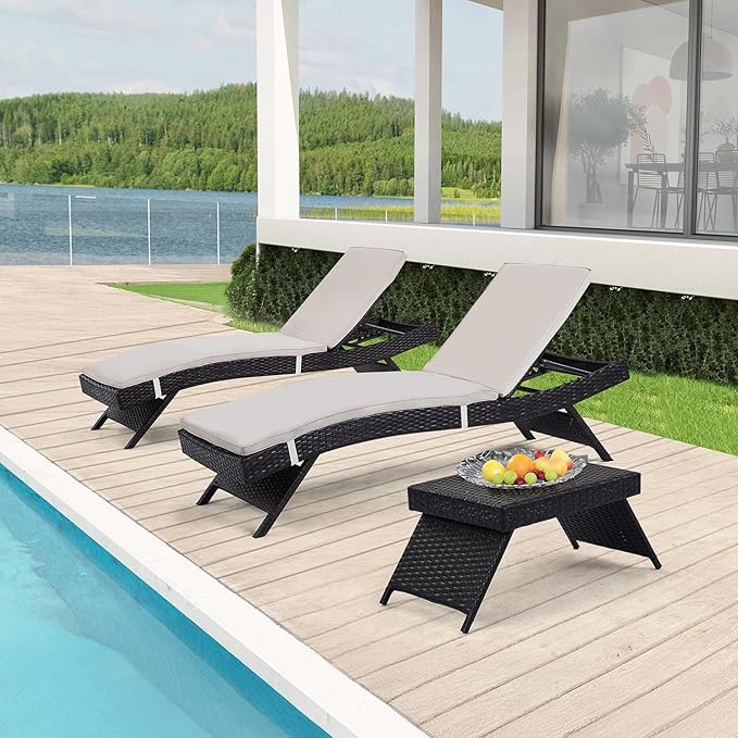 Outdoor Chaise Lounge Chairs + Coffee Table Set of 3 by Asifom