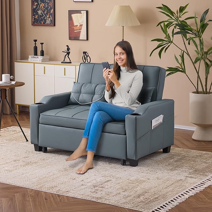 VINGLI Blue Grey Futon Sofa Bed Convertible Loveseat Sleeper Couch, Faux - Image 2