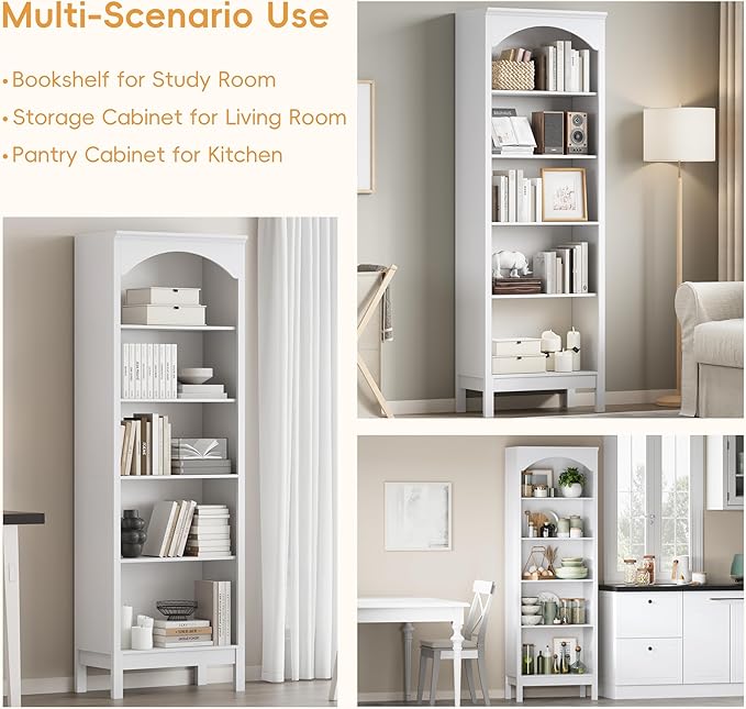 Arched Set of 2 Bookshelf with 5 Tier Open Shelves, Living Room, Modern White - Image 5