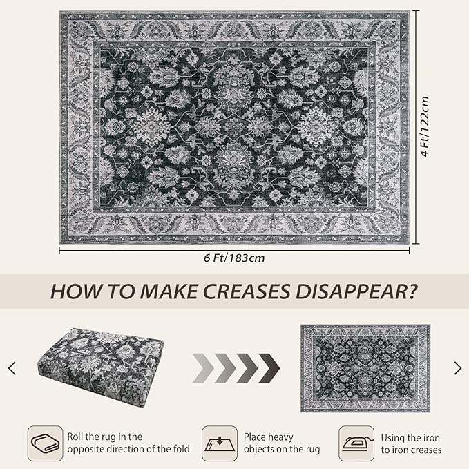 Area Rugs for Living Room, 4x6 Washable Rugs for Bedroom, Non-Slip Retro Floral - Image 2