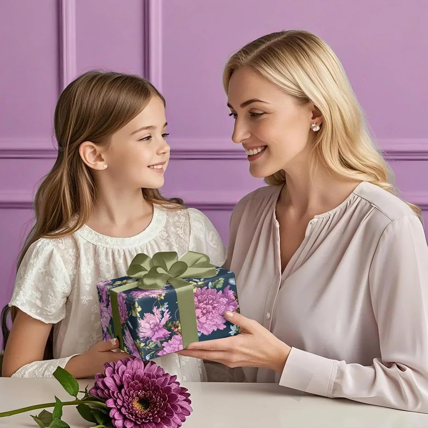 WRAPAHOLIC Kraft Floral Wrapping Paper Roll - Mini Roll - 17 Inch x 16.5 Feet - Vintage Flower Wrapping Paper Perfect for Wedding, Birthday, Bridal Shower, Tea Party