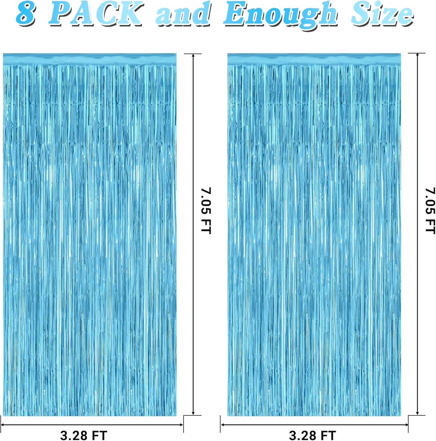 8 Pack Party Decorations, 3.28 FT x 7.05 FT Party Streamer, Metallic Sky Blue Tinsel Backdrop Fringe Curtains Party Decorations, Light Blue Birthday Backdrop Photo Booth Props