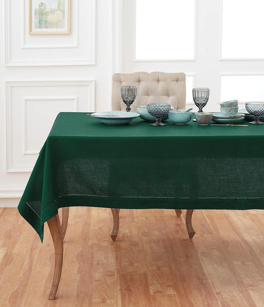 Solino Home Rainforest Green Linen Tablecloth 52 x 52 Inch - 100% Pure Linen Square Table Throw - Classic Hemstitch, Machine Washable Table Cloth for Fall, Autumn, Thanksgiving, Christmas, Holiday