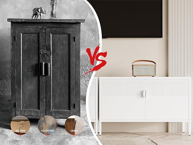 Metal Storage Cabinet, 2 Door TV Stand, Metal Mesh Accent Cabinet, Magnetic - Image 7