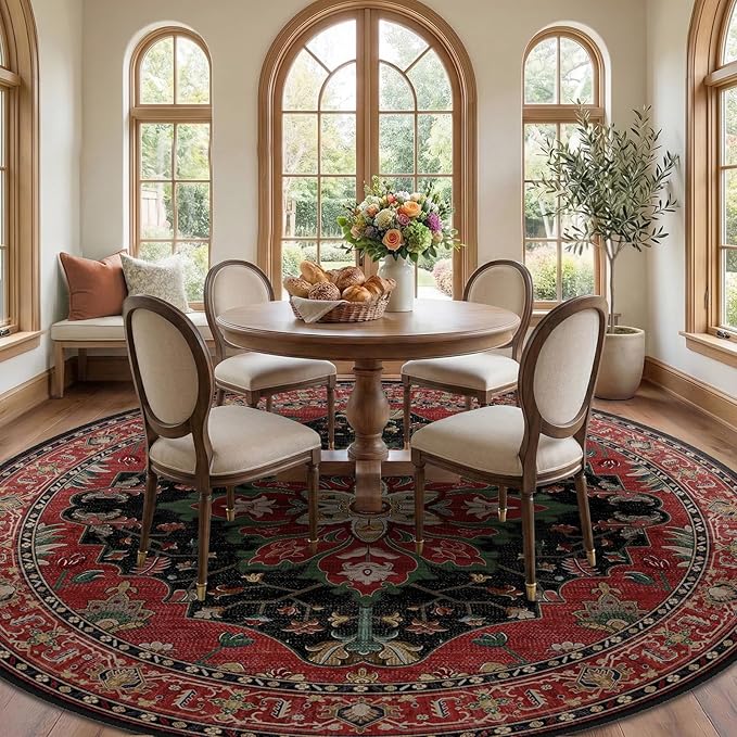 RELEANY Area Rugs Round 8ft Washable Non-Slip, Floral Vintage Distress Print - Image 2