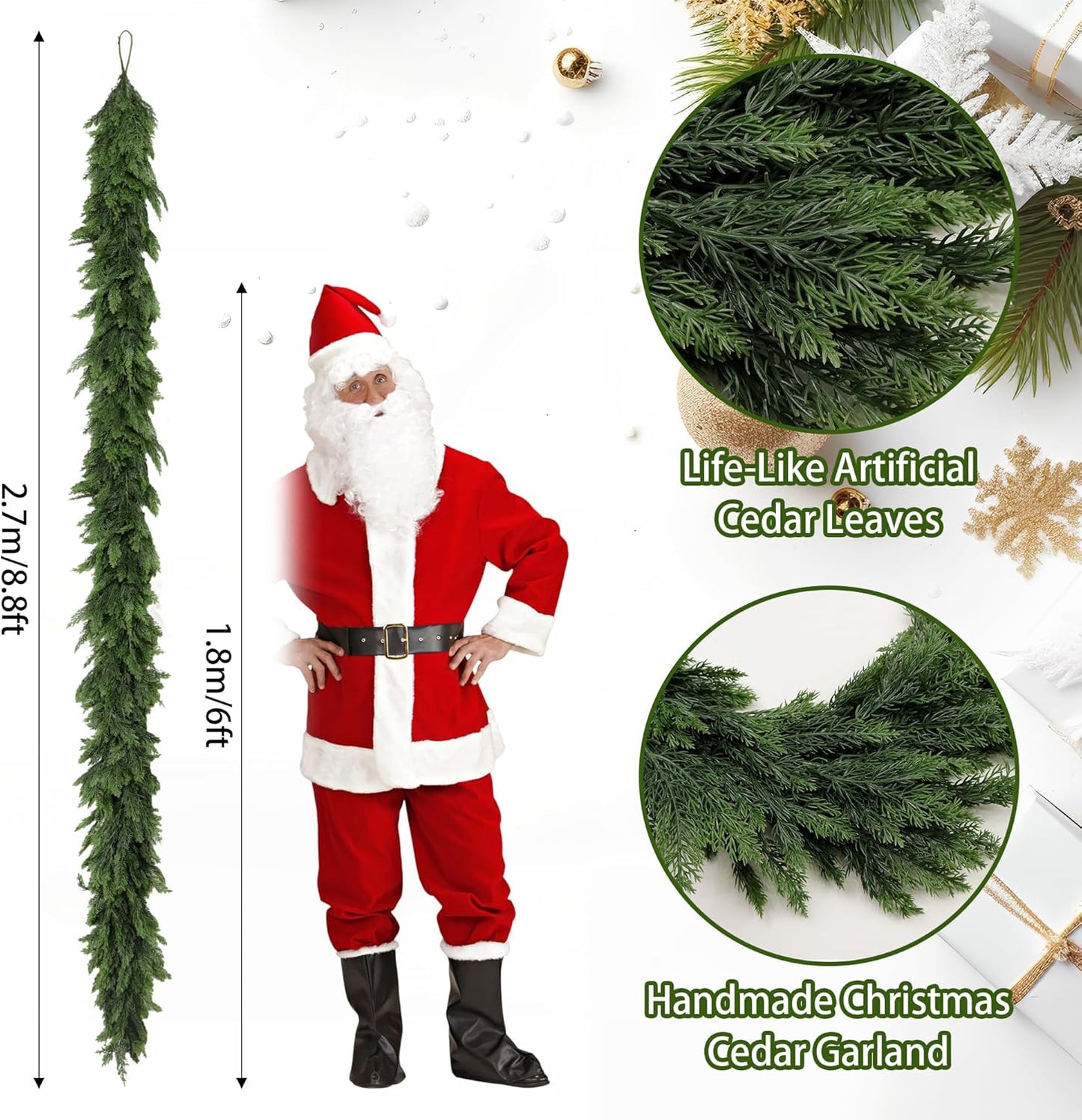 9FT Artificial Christmas Cedar Garland, Realistic Soft and Thick Touch Greenery Cedar Pine Garlands for Mantle Table Fireplace Door Stairs Holiday Christmas Decorations Outdoor Indoor(1pcs)