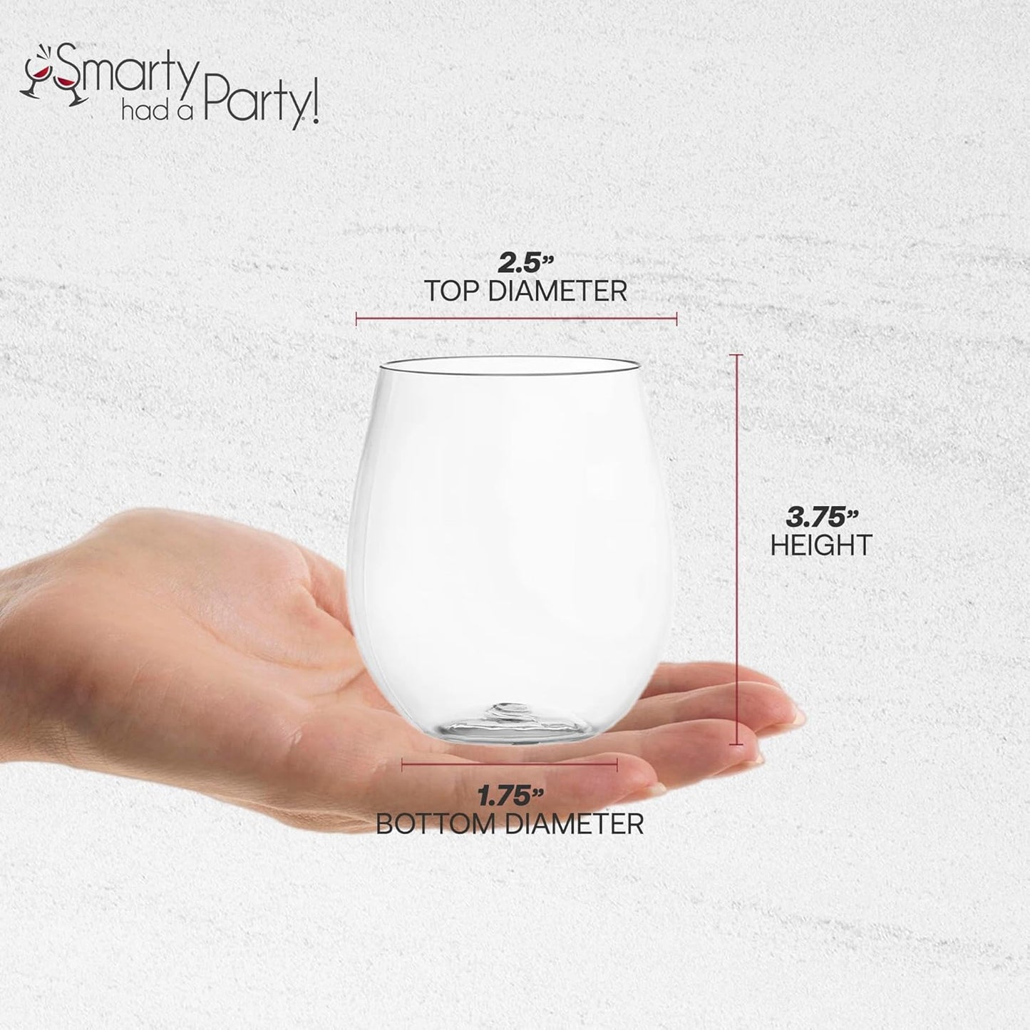 Smarty Had A Party 12 oz Clear Plastic Stemless Wine Glasses (64 Pieces) – Classy Disposable Stemless Cups, Unbreakable Drinkware – Plastic Spritz Glasses for Weddings & Parties; Wine Party Supplies